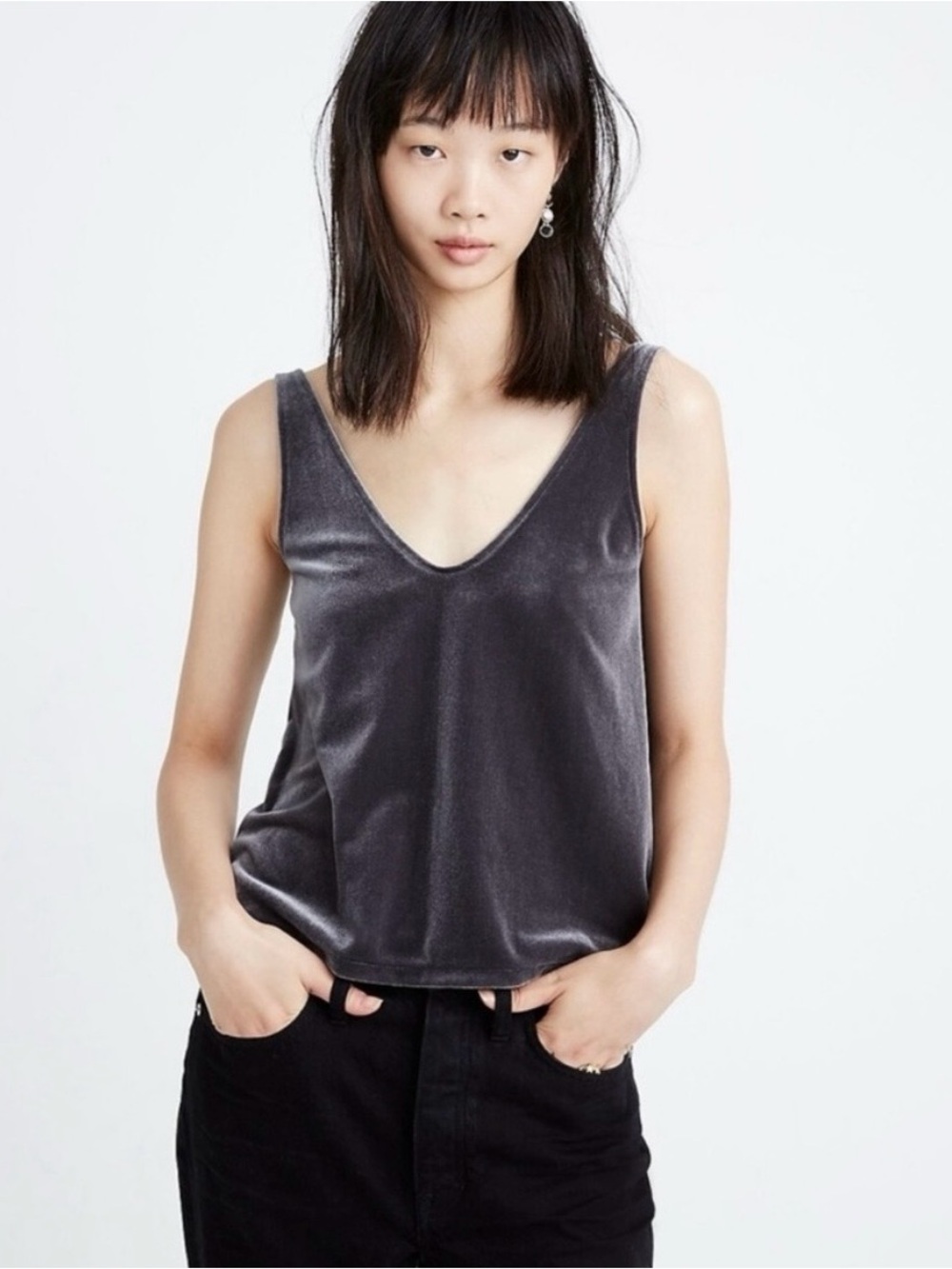 Madewell Velvet V-Neck Tank Top | Women's XS | Gray Cropped Fit | Sold Out